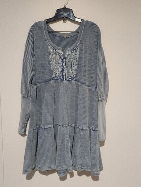 Free People Jolene Mini Dress Waffleknit Tiered Long Sleeve Womens Large